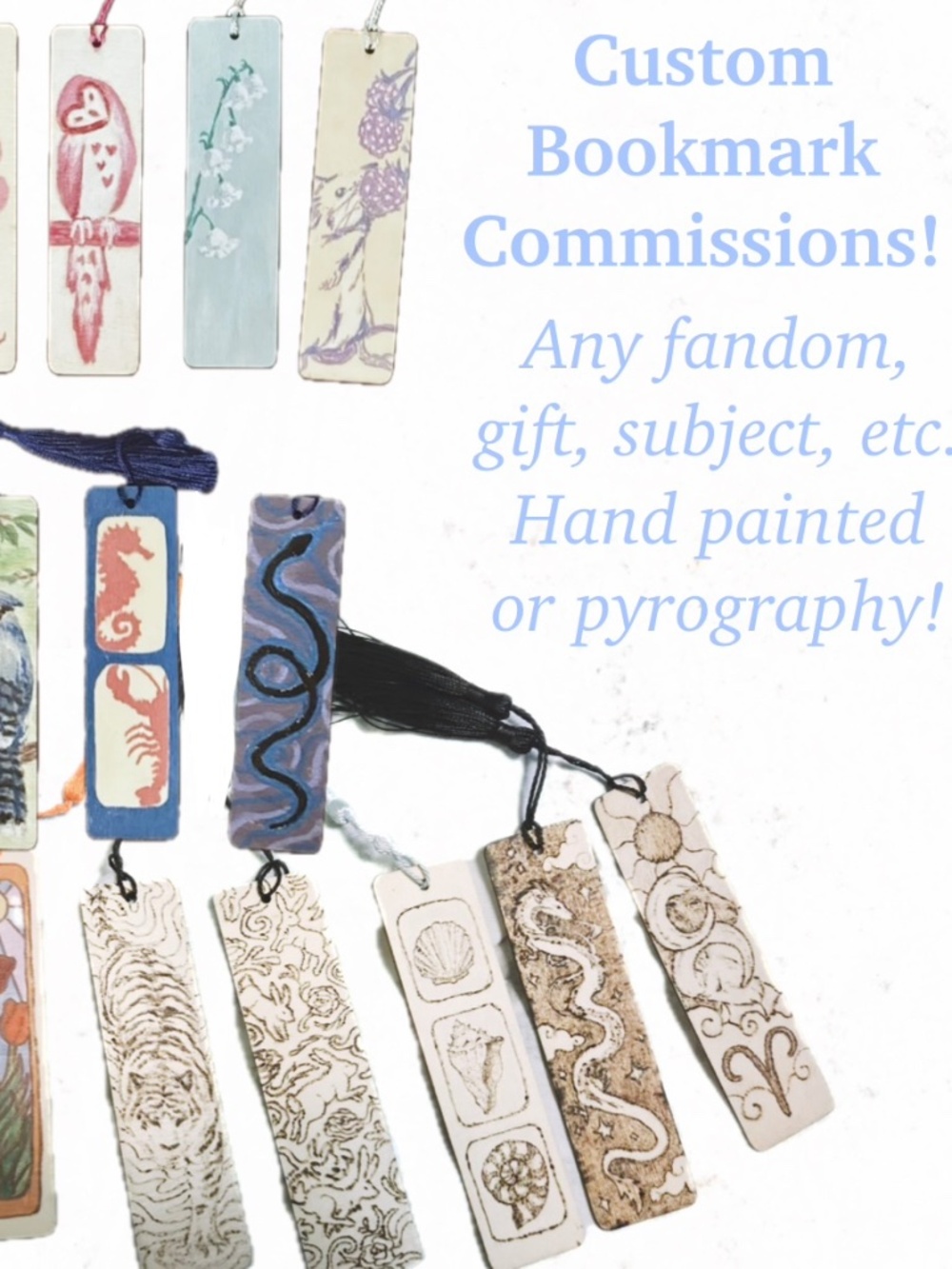 Custom bookmark commissions! Pyrography wood burned, hand painted, handmade gift